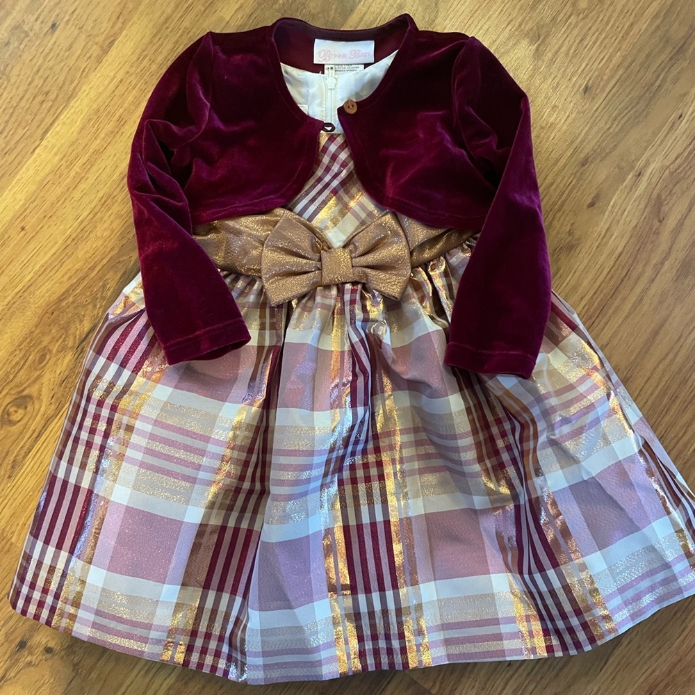 Bonnie Baby Burgundy and Gold Plaid Dress - size 18 months